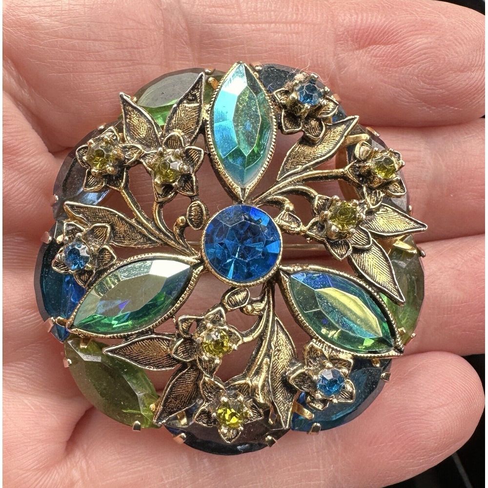Vintage Rhinestone Floral Brooch Blue Green Gold Tone Costume Jewelry